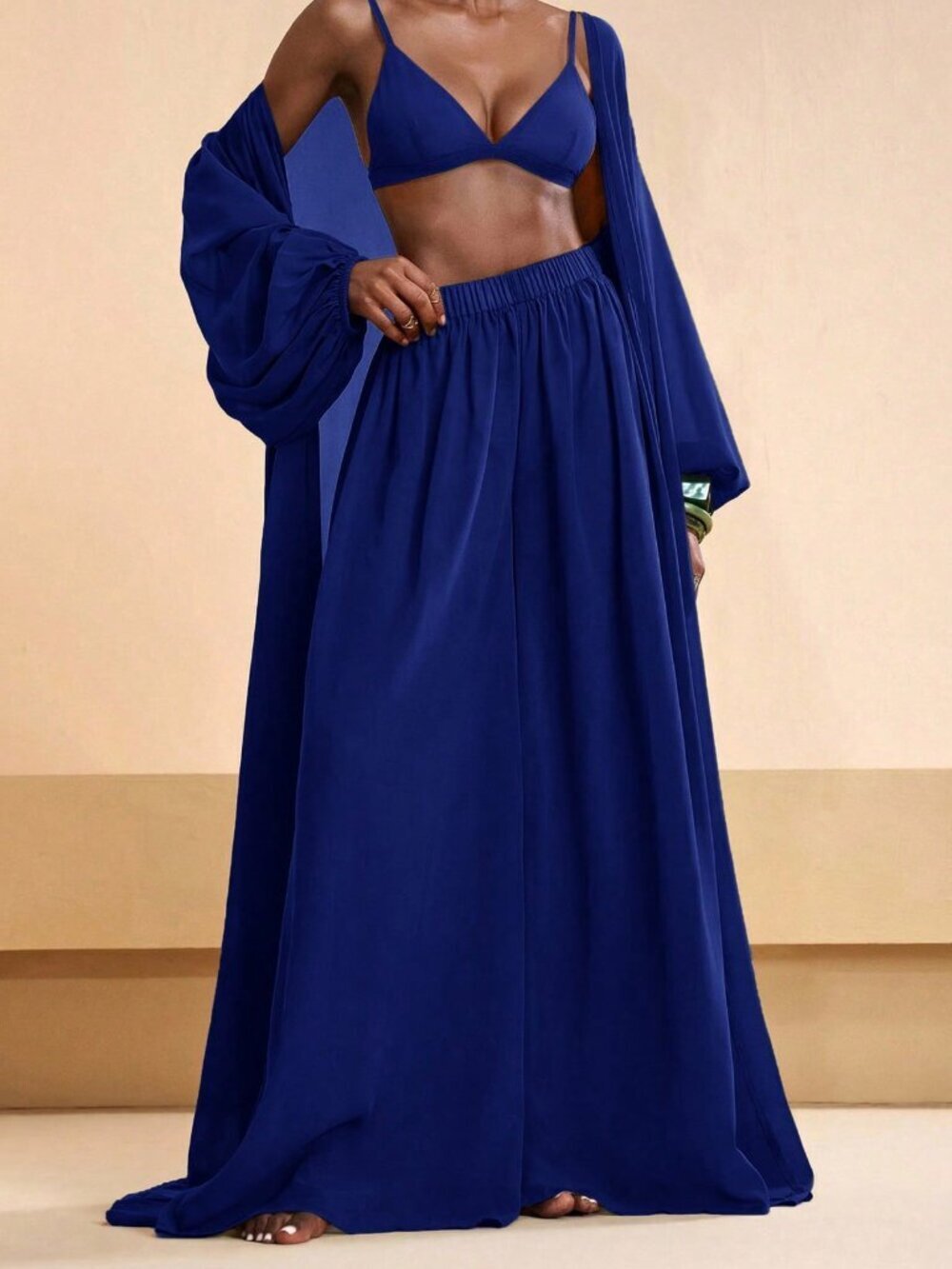 Royal Blue Elegant Women's Shirt and Wide Leg Pants Coverup Set
